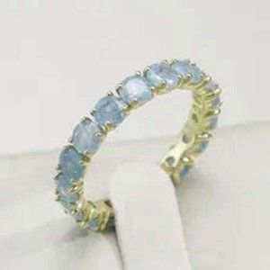 "FAUX PALE BLUE TOPAZ" CRYSTALS GOLDEN PRONG SET SZ 7 BAND FASHION RING 17